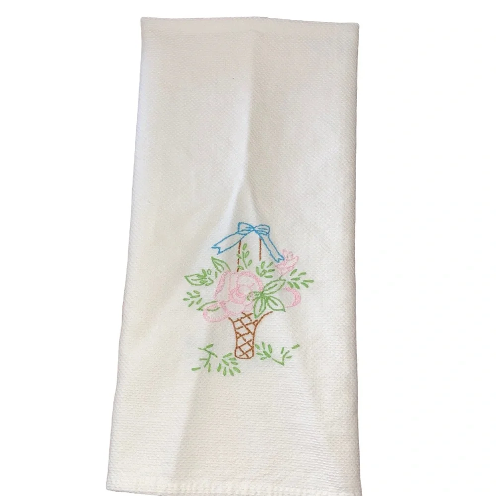 Vintage Tea Dish Hand Towel Hand Embroidered Flower Basket Bow Pink Green